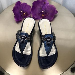 Marc Fisher | Logo Blue/Black Demi Wedge Thong Lux Sparkling Sandals | Size 8.5
